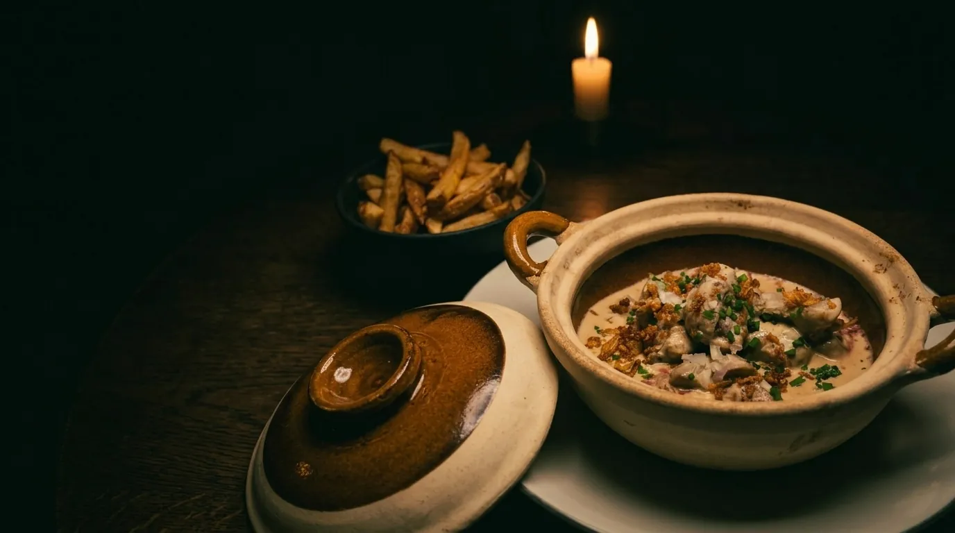 Une cocotte du bistro et ses frites sur une table de chêne