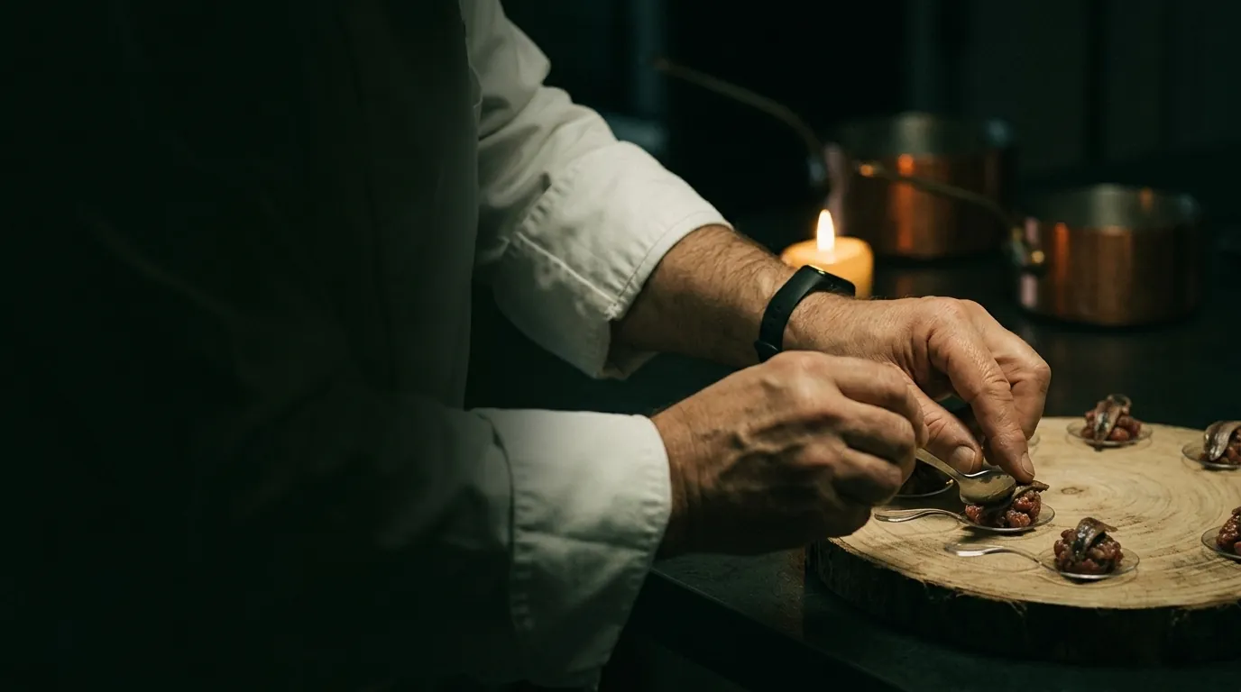 Les mains du chef dressent des amuse-bouches en cuisine