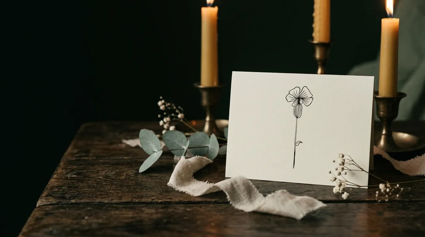 Une carte cadeau sur une table de chêne, à la lueur des bougies