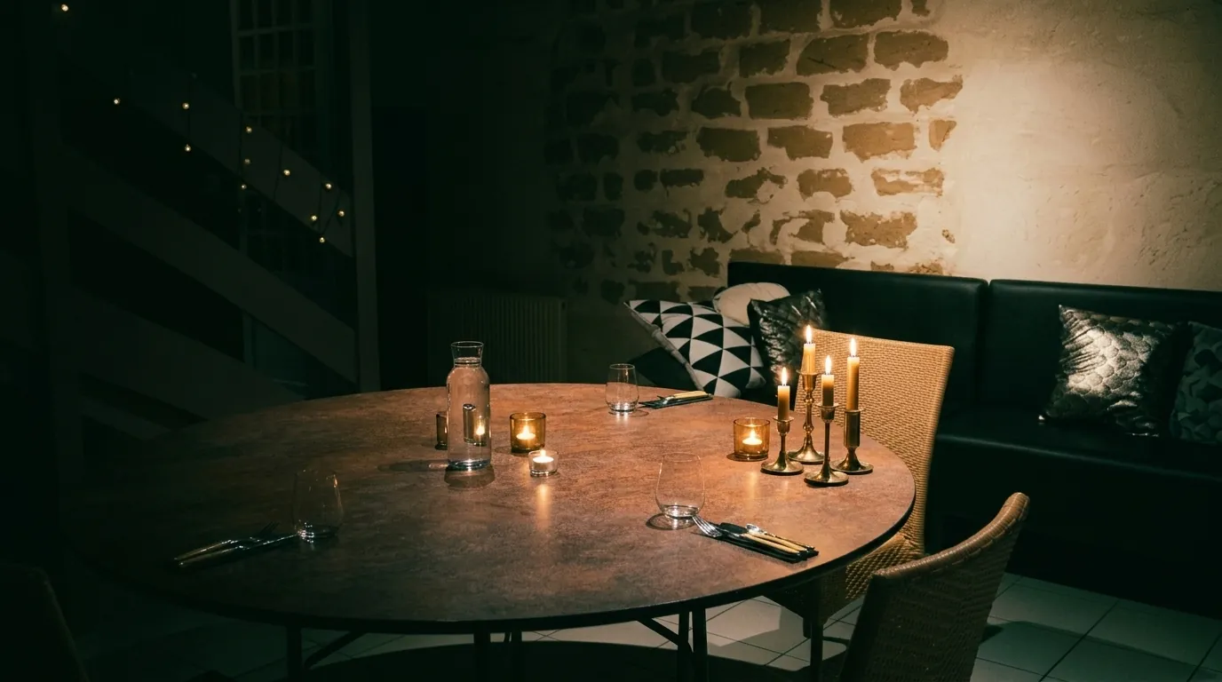 Le petit salon de l'Auberge, une table dressée pour deux