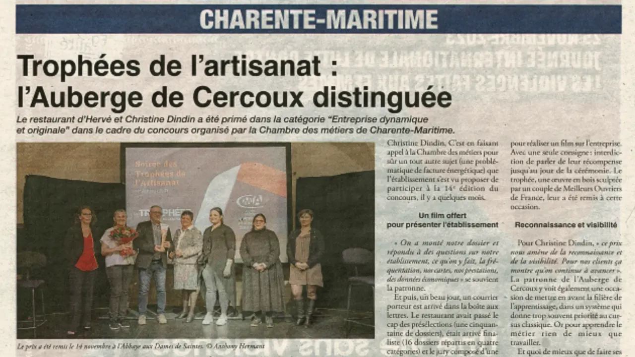 Article Haute Saintonge mentionnant l'équipe de l'Auberge de Cercoux